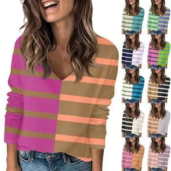 Женская футболка с принтом, длинный рукав, повседневный, выходного дня, базовый топ с V-образным вырезом XXL циан