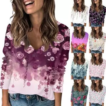 Женская футболка с принтом, длинный рукав, повседневный, выходного дня, базовый топ с V-образным вырезом XXL