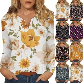 Женская футболка с принтом, длинными рукавами реглан, модный повседневный базовый топ с v-образным вырезом, обычный топ L