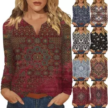 Женская футболка с принтом, длинными рукавами реглан, модный повседневный базовый топ с v-образным вырезом, обычный топ XL красный