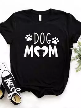 Женская футболка с принтом Dog Mom PAW Футболка женская с коротким рукавом и круглым вырезом Свободная футболка женская повседневная футболка одежда топы S чёрный