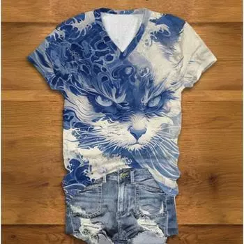 Женская футболка с принтом Fierce Cat, синяя волна, V-образный вырез, короткие рукава, модная стильная летняя одежда, женская свободная повседневная уличная одежда S