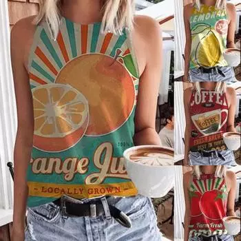 Женская футболка с принтом фруктов и круглым вырезом без рукавов, тонкая футболка, камзол