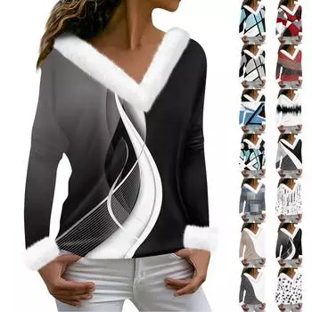 Женская футболка с принтом, футболка с длинным рукавом, флисовый воротник, топ с V-образным вырезом M чёрный