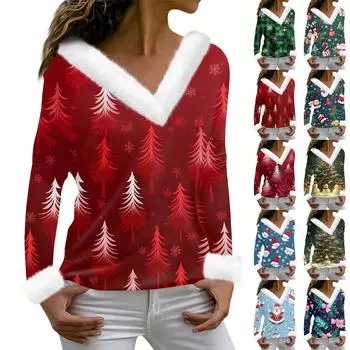 Женская футболка с принтом, футболка с длинным рукавом, флисовый воротник, V-образный вырез, пуловер, футболка, топ L винный