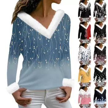 Женская футболка с принтом, футболка с длинным рукавом, флисовый воротник, топ с V-образным вырезом S