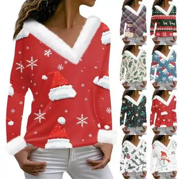 Женская футболка с принтом, футболка с длинным рукавом, флисовый воротник, V-образный вырез, пуловер, футболка, топ XL фиолетовый