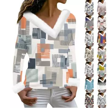 Женская футболка с принтом, футболка с длинным рукавом, флисовый воротник, топ с V-образным вырезом XL бирюзовый