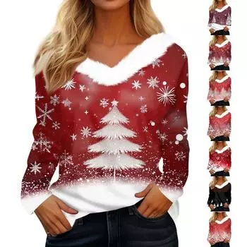 Женская футболка с принтом, футболка с длинным рукавом, флисовый воротник, топ с V-образным вырезом XXXL винный