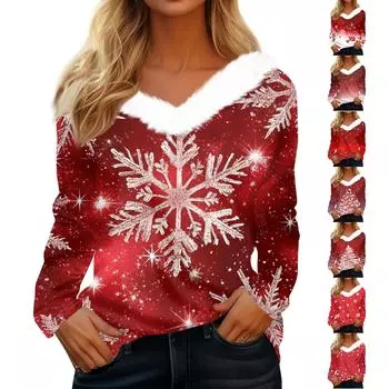 Женская футболка с принтом, футболка с длинным рукавом, флисовый воротник, топ с V-образным вырезом S красный