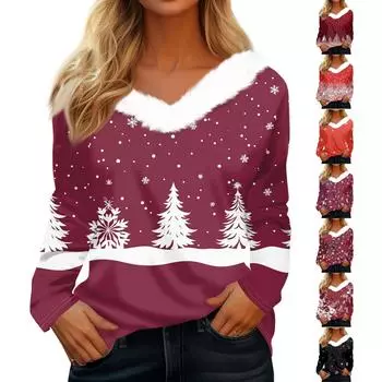 Женская футболка с принтом, футболка с длинным рукавом, флисовый воротник, топ с V-образным вырезом XXXL