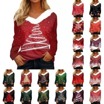 Женская футболка с принтом, футболка с длинным рукавом, флисовый воротник, топ с V-образным вырезом XXL