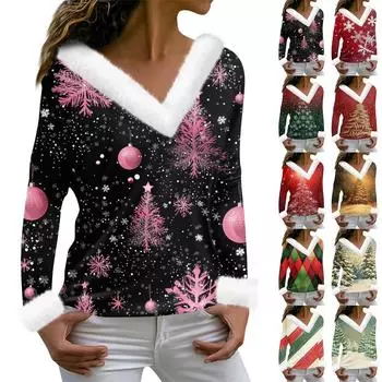 Женская футболка с принтом, футболка с длинным рукавом, флисовый воротник, V-образный вырез, пуловер, футболка, топ S