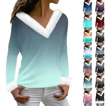 Женская футболка с принтом, футболка с длинным рукавом, флисовый воротник, топ с V-образным вырезом L оранжевый