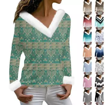 Женская футболка с принтом, футболка с длинным рукавом, флисовый воротник, топ с V-образным вырезом M