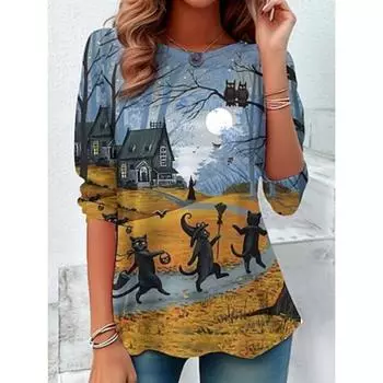 Женская футболка с принтом «Хэллоуин» Повседневная с длинным рукавом и круглым вырезом Синяя Весна Осень S