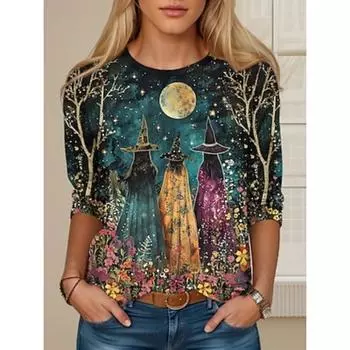 Женская футболка с принтом «Хэллоуин» Повседневная с длинным рукавом и круглым вырезом Темно-синяя Весна Осень S