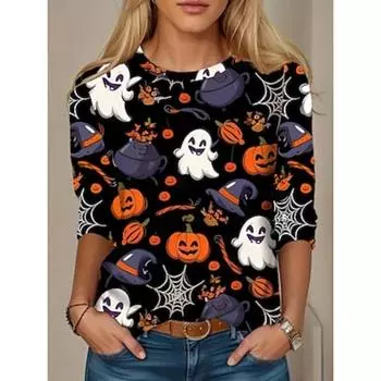 Женская футболка с принтом Хэллоуин Повседневная Забавная Длинный рукав Круглый вырез Черный Весна Осень S