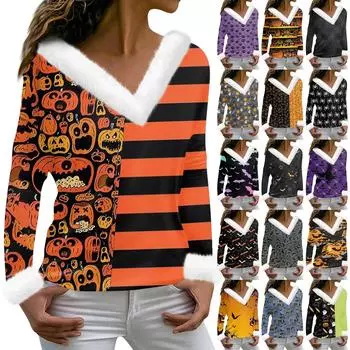 Женская футболка с принтом «Хэллоуин» с длинным рукавом и флисовым воротником, топ с V-образным вырезом L синий