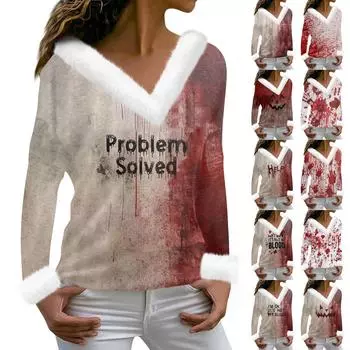 Женская футболка с принтом «Хэллоуин» с длинным рукавом и флисовым воротником, топ с V-образным вырезом XXL серый