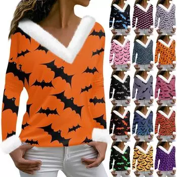 Женская футболка с принтом «Хэллоуин» с длинным рукавом и флисовым воротником, топ с V-образным вырезом XL чёрный