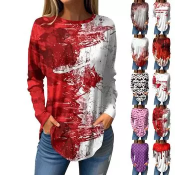 Женская футболка с принтом Хэллоуина, длинный рукав, повседневная мода, круглый вырез, стандартный крой L чёрный