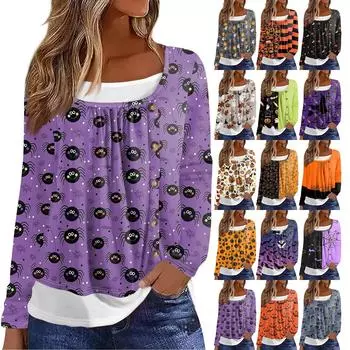 Женская футболка с принтом Хэллоуина, длинный рукав, поддельные две части, повседневная мода на выходные, базовый обычный топ L бежевый