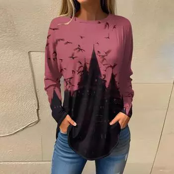 Женская футболка с принтом Хэллоуина, длинный рукав, повседневная мода, круглый вырез, стандартный крой S чёрный