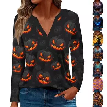 Женская футболка с принтом Хэллоуина и V-образным вырезом, длинными рукавами, свободная повседневная футболка L шафрановый