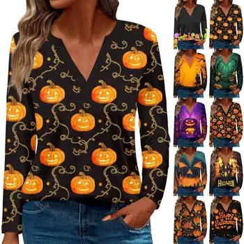 Женская футболка с принтом Хэллоуина и V-образным вырезом, длинными рукавами, свободная повседневная футболка XL