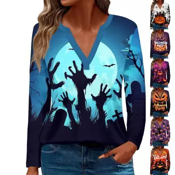 Женская футболка с принтом Хэллоуина и V-образным вырезом, длинными рукавами, свободная повседневная футболка L чёрный