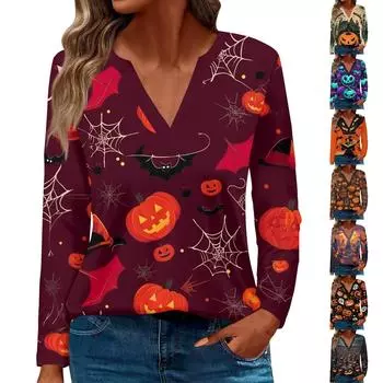 Женская футболка с принтом Хэллоуина и V-образным вырезом, длинными рукавами, свободная повседневная футболка XXXL бежевый