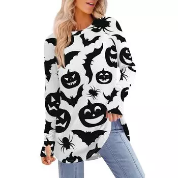 Женская футболка с принтом Хэллоуина, с круглым вырезом, свободная, с длинным рукавом, средней длины, с отсутствующим большим пальцем M
