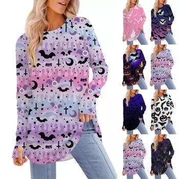 Женская футболка с принтом Хэллоуина, с круглым вырезом, свободная, с длинным рукавом, средней длины, с отсутствующим большим пальцем XL