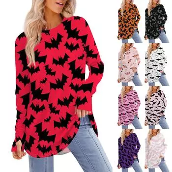 Женская футболка с принтом Хэллоуина, с круглым вырезом, свободная, с длинным рукавом, средней длины, с отсутствующим большим пальцем M