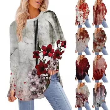 Женская футболка с принтом Хэллоуина, с круглым вырезом, свободная, с длинным рукавом, средней длины, с отсутствующим большим пальцем L винный