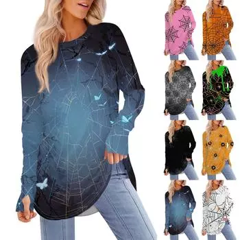 Женская футболка с принтом Хэллоуина, с круглым вырезом, свободная, с длинным рукавом, средней длины, с отсутствующим большим пальцем XXL синий