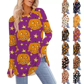 Женская футболка с принтом Хэллоуина, с круглым вырезом, свободная, с длинным рукавом, средней длины, с отсутствующим большим пальцем XXXL