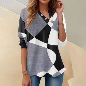 Женская футболка с принтом и пуговицами, длинный рукав, повседневная мода для выходных, пуловер с v-образным вырезом, топы S