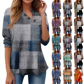 Женская футболка с принтом и пуговицами, длинный рукав, повседневная мода для выходных, пуловер с v-образным вырезом, топы L синий