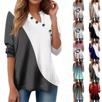 Женская футболка с принтом и пуговицами, длинный рукав, повседневная мода для выходных, пуловер с v-образным вырезом, топы M циан