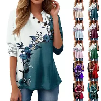 Женская футболка с принтом и пуговицами, длинный рукав, повседневная мода для выходных, пуловер с v-образным вырезом, топы L синий