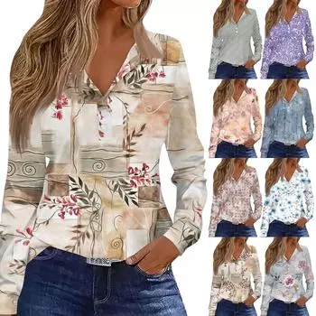 Женская футболка с принтом и пуговицами, с длинным рукавом, на каждый день, на выходные, мода, базовые топы с V-образным вырезом и лацканами, обычные топы L серый