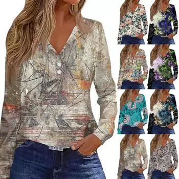 Женская футболка с принтом и пуговицами, с длинным рукавом, на каждый день, на выходные, мода, базовые топы с V-образным вырезом и лацканами, обычные топы M синий