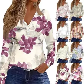 Женская футболка с принтом и пуговицами, с длинным рукавом, на каждый день, на выходные, мода, базовые топы с V-образным вырезом и лацканами, обычные топы S розовый