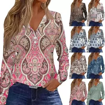 Женская футболка с принтом и пуговицами, с длинным рукавом, на каждый день, на выходные, мода, базовые топы с V-образным вырезом и лацканами, обычные топы XXXL зелёный