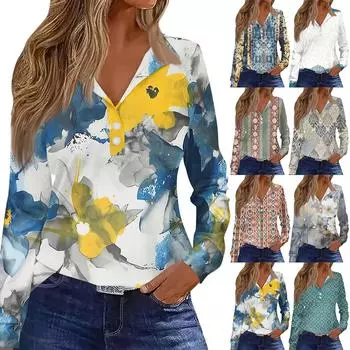 Женская футболка с принтом и пуговицами, с длинным рукавом, на каждый день, на выходные, мода, базовые топы с V-образным вырезом и лацканами, обычные топы XL оранжевый