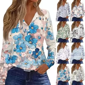 Женская футболка с принтом и пуговицами, с длинным рукавом, на каждый день, на выходные, мода, базовые топы с V-образным вырезом и лацканами, обычные топы S серый