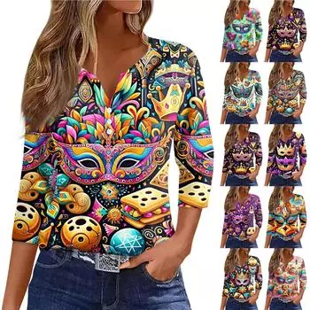 Женская футболка с принтом «Карнавал» и пуговицами, рукав 3/4, повседневная мода на выходные, базовый топ с V-образным вырезом S бежевый
