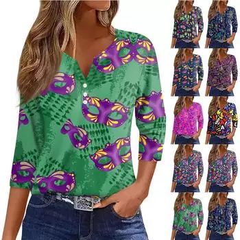 Женская футболка с принтом «Карнавал» и пуговицами, рукав 3/4, повседневная мода на выходные, базовый топ с V-образным вырезом L синий